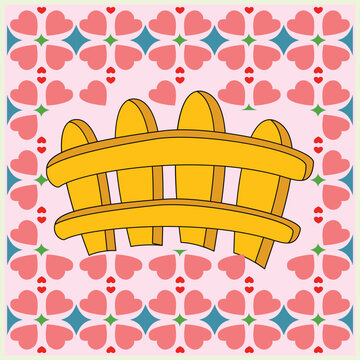 Cute graphic illustration of a yellow wooden picket fence over a light pink seamless background decorated with heart tile patterns. Ideal design element for decor.