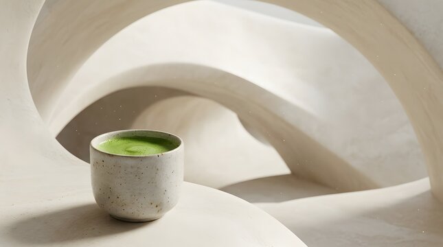 Frothy matcha in a speckled ceramic cup resting on sculptural cream-colored curved forms in soft light.