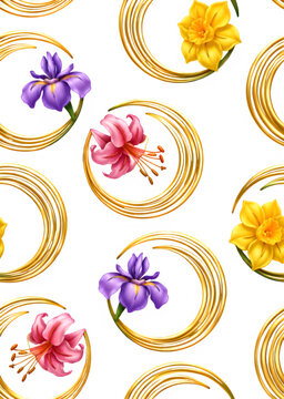 Seamless pattern with colorful lily iris narcissus flowers and golden circles on black background, luxury floral wallpaper 