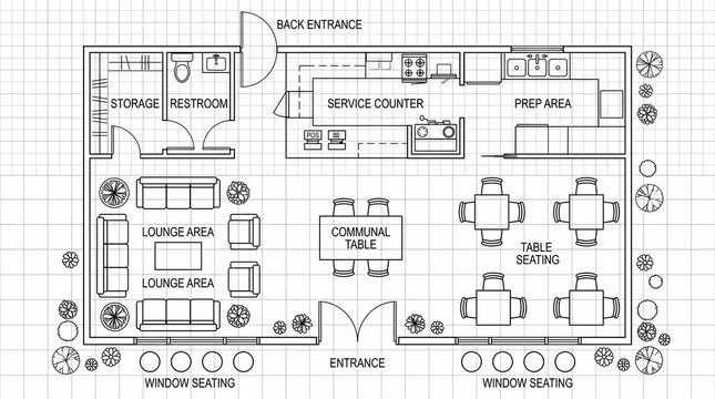 Cafe Floor Plan Layout With Lounge Area Communal Table Seating Service Counter Prep Area Storage Restroom Entrance Window Seating Blueprint