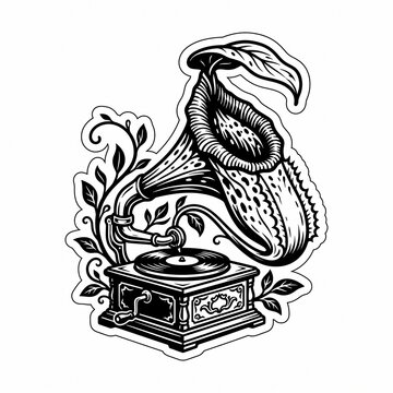 Vintage gramophone with carnivorous pitcher plant horn, black and white flat vector die cut sticker illustration