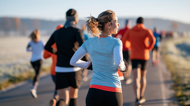 Happy european couple running a thanksgiving fun run on a frosty morning in the countryside rear view of both with race bibs among other runners on a rural road with frosted