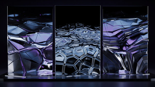 Three vertical panels displaying abstract 3d liquid surfaces with metallic, purple, and geometric hexagonal textures in a dark, moody environment
