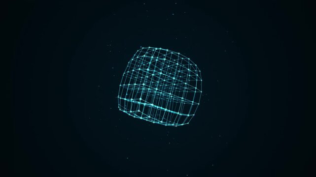 Abstract 3 d digital cube morphing with plexus network nodes and glowing particles