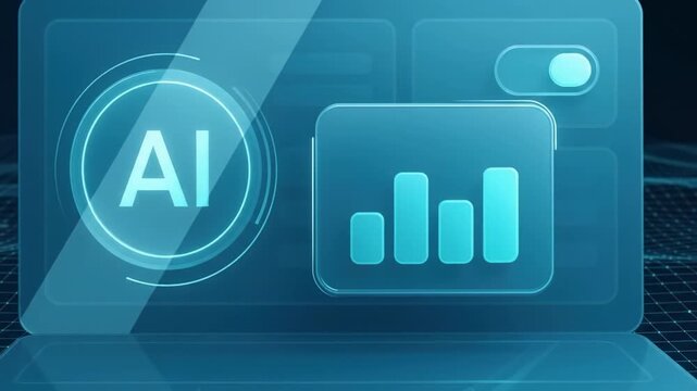 Laptop displaying glowing blue glassmorphic AI tile and rising bar chart widget in office