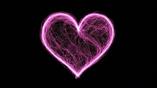 Glowing pink energy thread heart on a black background. Suitable for valentines, weddings, anniversaries, events, and greetings.