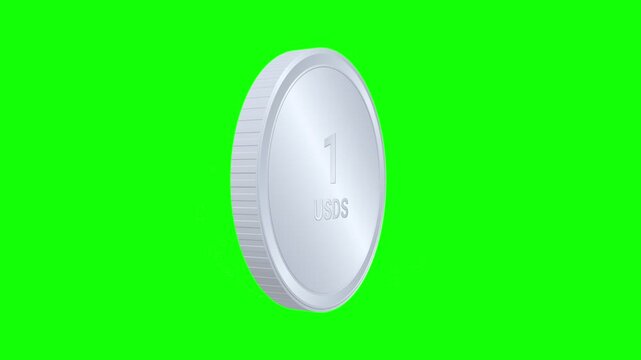 3D silver USDS coin spinning on green screen background for cryptocurrency finance projects.
