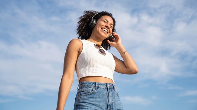 Young woman listening to music outdoors under blue sky, smiling with headphones and enjoying sunny day in casual clothing