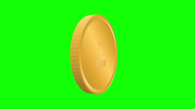 Golden USDS coin rotating in mid-air against a bright green screen background for easy chroma key compositing.