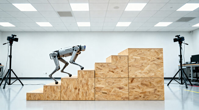 Quadruped robot climbing wooden stairs in modern robotics laboratory with cameras and testing setup