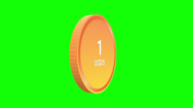 3D spinning USDS coin on green screen background with orange and yellow metallic texture for financial video.