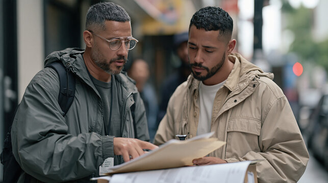 crime scene investigator patiently teaches a newcomer technique in rain soaked street conditions glasses pushed up on the forehead mid explanation agricultural yield prediction