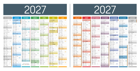 Fototapeta na wymiar Calendrier Français 2027 modifiable vectoriel, grand format France, textes en Arial, éditables et vectorisés. Modèle personnalisable pour bureau.