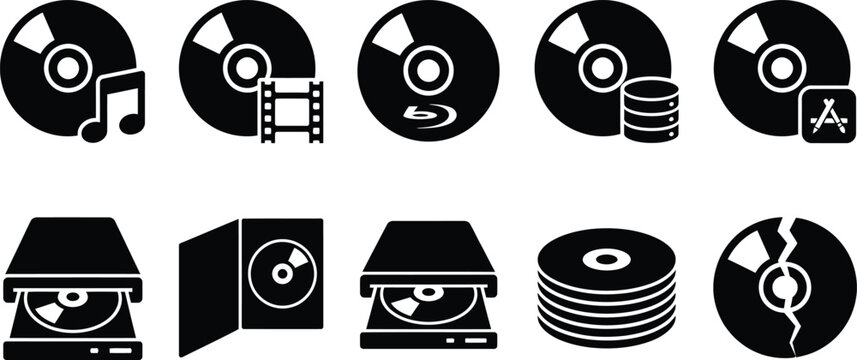 Compact disc and optical drive vector icon set representing data storage, media entertainment, and computer technology for UI design and digital marketing