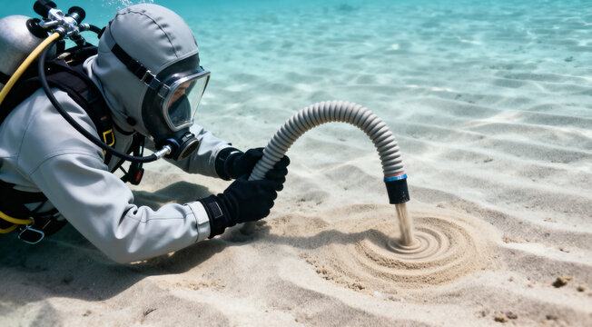 Scuba diver using suction dredge to remove sand from seabed during underwater excavation