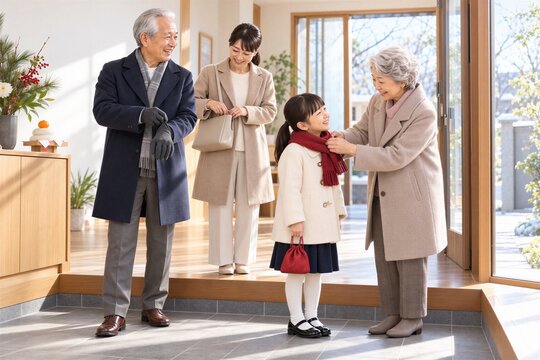 初詣へ出かける準備をする日本人の三世代家族