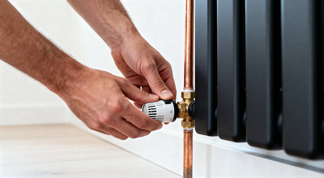 Hands adjusting radiator thermostat valve on home radiator heating system for temperature control and energy saving