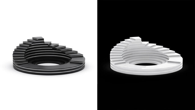 A circular spiral staircase structure, shown in black on a white background, and in white, on a black, background, featuring tiered, levels and steps