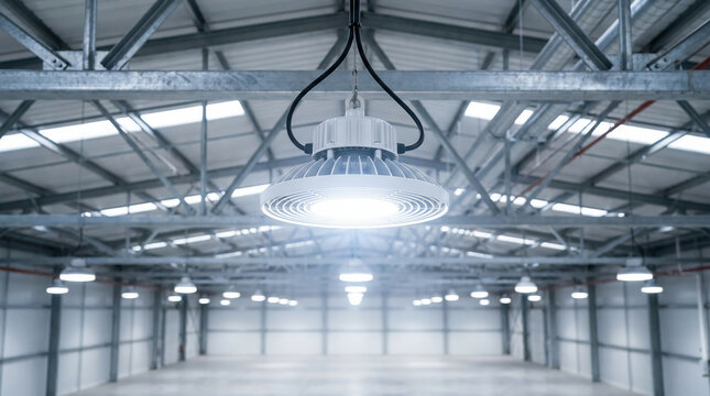 Bright LED industrial light fixture hanging from a high metal ceiling in a spacious, empty warehouse with steel beams and large windows.
