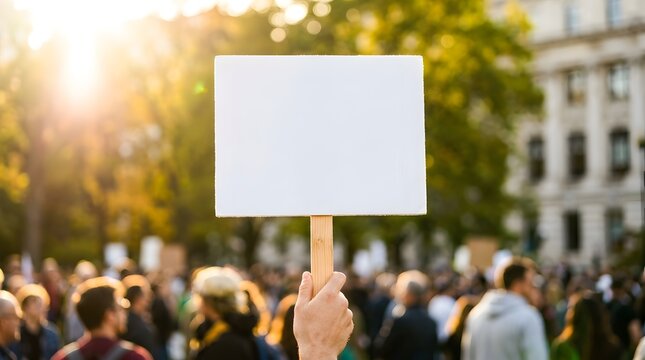 Hand holding a blank white placard board in front of a large crowd of people at a public protest or social gathering during sunset golden hour, concept for activism and message copy space