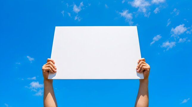 Hands holding a blank white placard against a beautiful bright blue sky with clouds, perfect for message, announcement, protest mockup, or advertising copy space.