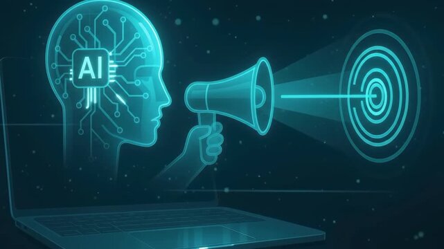 Glowing blue AI head profile speaking through megaphone targeting bullseye above laptop