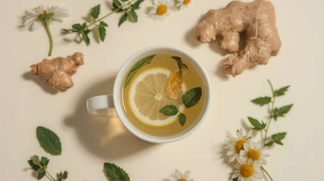 Healthy immune boosting concept with ginger lemon tea, honey and mint leaves for winter wellness remedies
