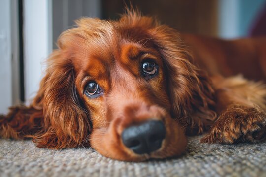 Soulful brown spaniel close-up. Relaxed, glossy fur, gentle gaze towards camera. Beautiful, loving dog lying comfortably