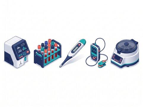 Set of medical laboratory and diagnostic equipment blood analyzer test tubes thermometer pulse oximeter centrifuge vector illustration
