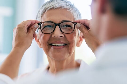 Optician fitting dark-framed spectacles on a happy older woman, smiling customer receiving personal eyewear assistance