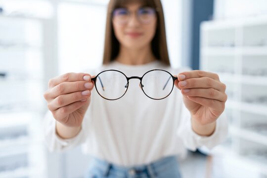 Woman presenting round black eyeglasses toward the camera, close-up optical frames and lenses in a bright eyewear store