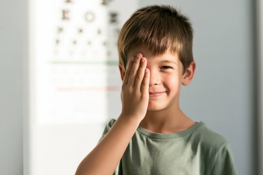 Boy covering one eye with his hand for a vision check, smiling child portrait in a bright eye care setting