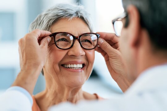 Optician adjusting glasses on a smiling senior woman, cheerful customer receiving a careful eyewear fitting in a bright optical setting
