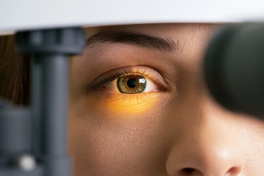 Hazel eye illuminated beside slit lamp equipment, close-up patient eye assessment in an ophthalmic setting