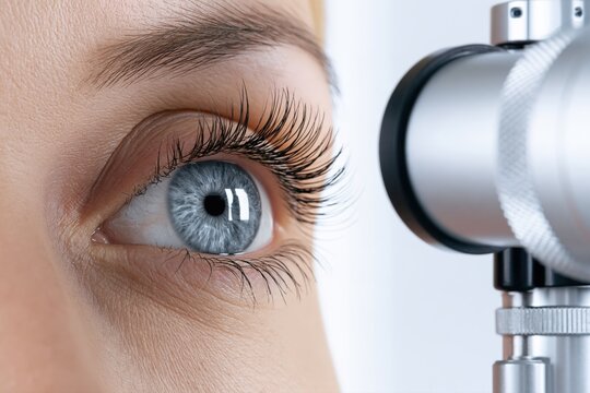 Blue-gray eye facing an ophthalmic examination instrument, close-up iris and eyelashes during a clinical vision check