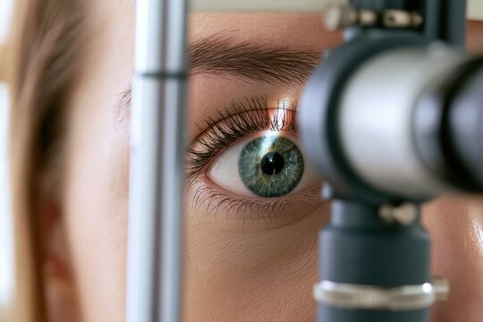 Green-gray eye viewed behind slit lamp equipment, close-up ocular examination with detailed iris and pupil