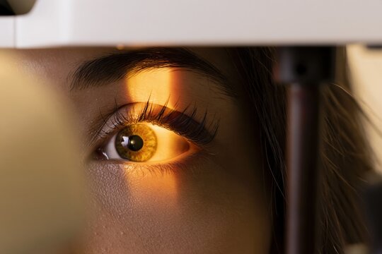Amber eye illuminated beneath an ophthalmic examination device, close-up iris and eyelashes during an eye check