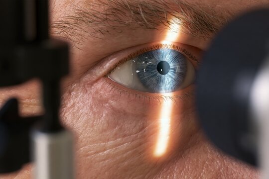 Blue-gray eye examined under a vertical slit lamp beam, detailed ocular close-up during a clinical eye assessment