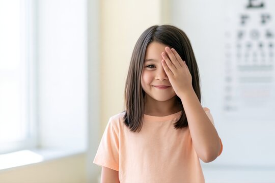 Smiling girl covering one eye during a vision screening, cheerful child patient in a bright room with an eye chart