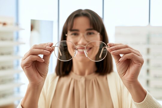 Smiling woman holding round metal-framed glasses toward the camera, close-up spectacles display in a bright optical shop