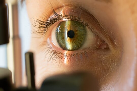 Hazel-green eye viewed during an ophthalmic examination, close-up corneal reflection beside slit lamp equipment