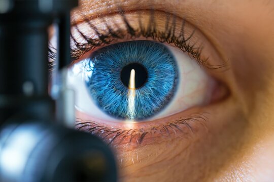 Blue eye illuminated during a slit lamp examination, close-up iris and pupil beside ophthalmic diagnostic equipment