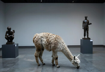 Naklejka premium Surreal art concept, llama standing in a modern art gallery between bronze sculptures, unexpected juxtaposition of nature and fine art in museum