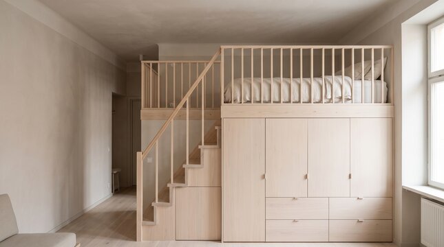 Compact apartment sleeping loft, Sweden Scandinavian spatial architecture, Raised platform above storage cupboards, Short stair and protective railing, Tall window lighti