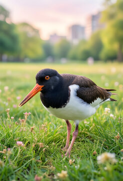 Eurasian oystercatcher in green park, wildlife conservation and biodiversity concept, bird watching in nature with soft morning sunlight in background
