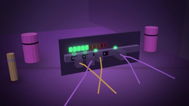Purple rack PDU with power cords plugging in in server hall full scene