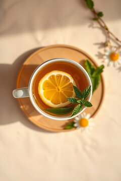 Healthy immune boosting concept with ginger lemon tea, honey and mint leaves for winter wellness remedies
