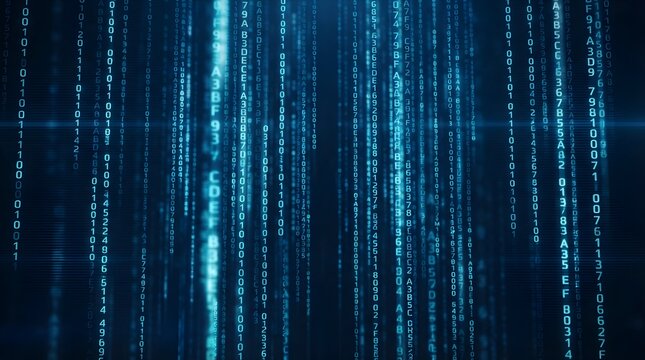 Blue digital binary code falling down on dark background representing