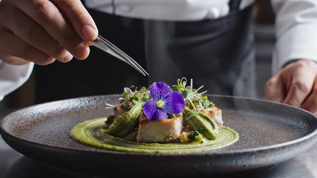 Executive chef plating fine dining dish with tweezers in extreme precision close-up, dark ceramic plate, micro herbs, edible flower, luxury gastronomy lifestyle concept.