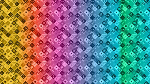 Rainbow gradient pattern with christmas icons and geometric squares